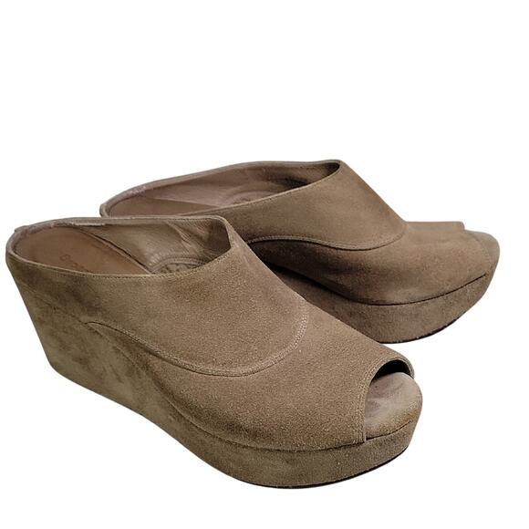 Chocolat Blu Shoes - Chocolat Blu Wind Tan Peep Toe Wedge Mules Womens Size 9